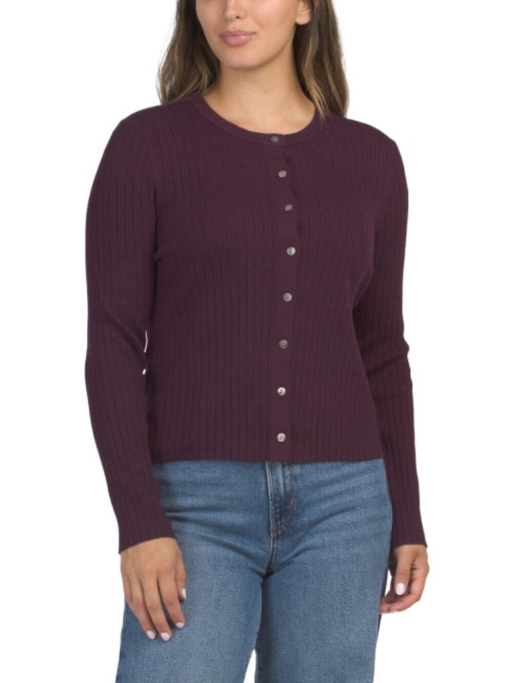 RACHEL ZOE Extrafine Merino Wool Crew Neck Slim Fit Cardigan